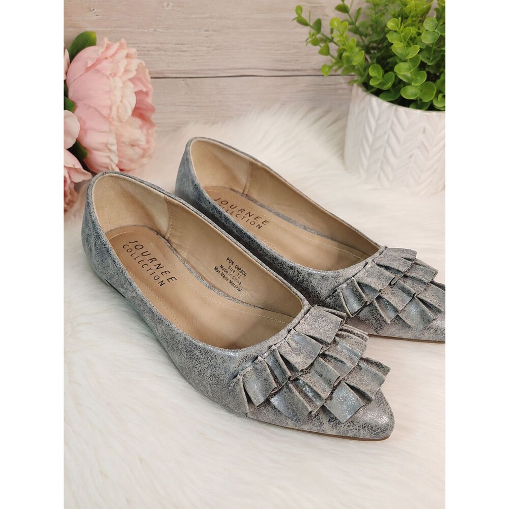 Journee Collection Judy Flats Women’s 7.5 Gray Ruffle Slip-On Pointed Toe Shoes